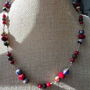 Elegant Red and Multicolor Beaded Gold Wire Wrapped Necklace